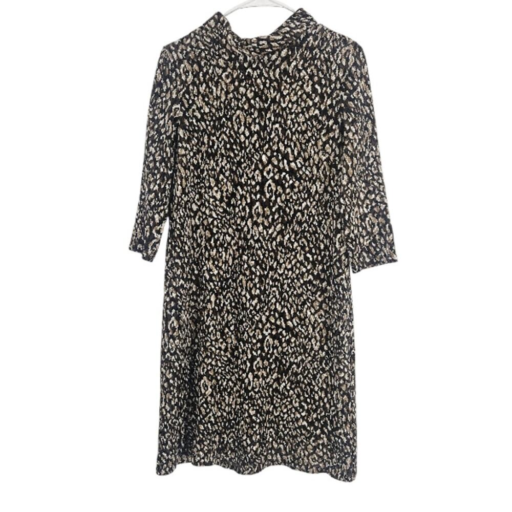 J. Mclaughlin Shiela Sweater Dress Brown Black Animal Print Mock Neck Midi Sz S